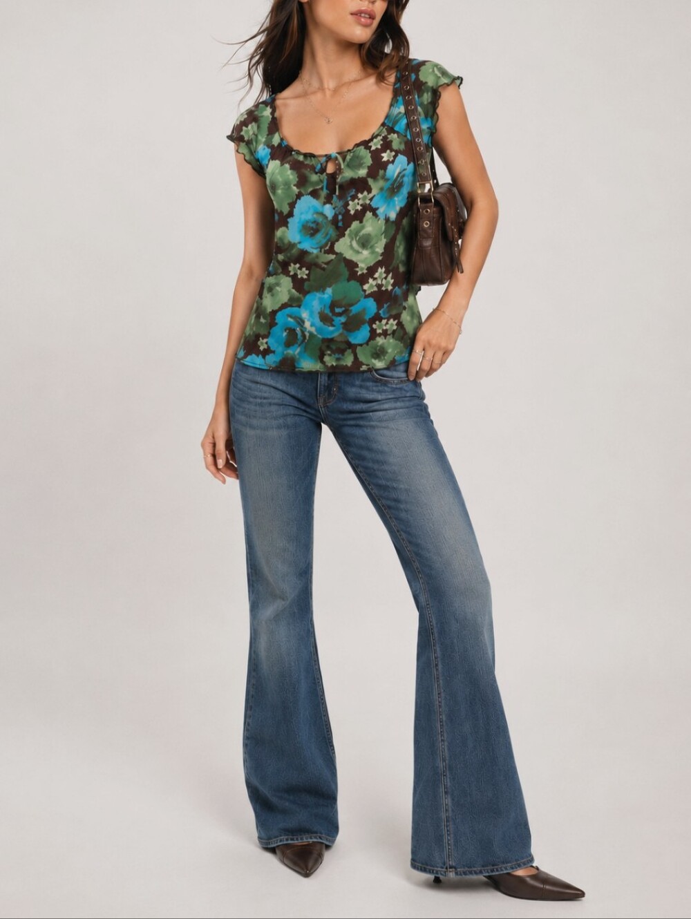 VINTAGE Y2K Carol Rose Turquoise Green Chocolate Brown Floral Short Sleeve M / L